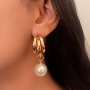 Golden Pearl Drop Korean Hoop Earrings-001