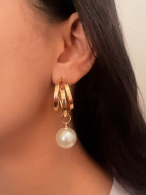 Golden Pearl Drop Korean Hoop Earrings-001
