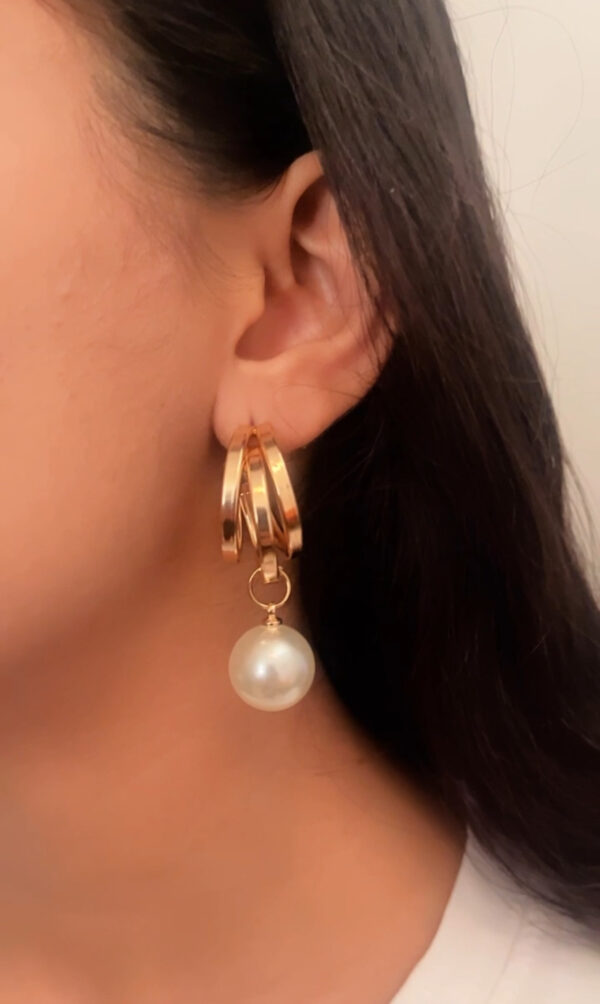 Golden Pearl Drop Korean Hoop Earrings-001