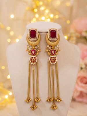 Ruby Kundan Long Tassel Earrings 001